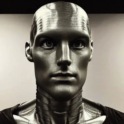 Image similar to “a realistic detailed photo of a guy who is an attractive humanoid who is half robot and half humanoid, who is a male android, Coach Shawn Flaherty, shiny skin, posing like a statue, blank stare, different eye colors, on display, sparks coming out from his body”