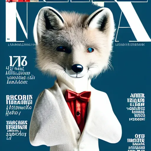 Image similar to fashion magazinecover of an anthropomorphic Arctic Fox wearing a fancy tuxedo