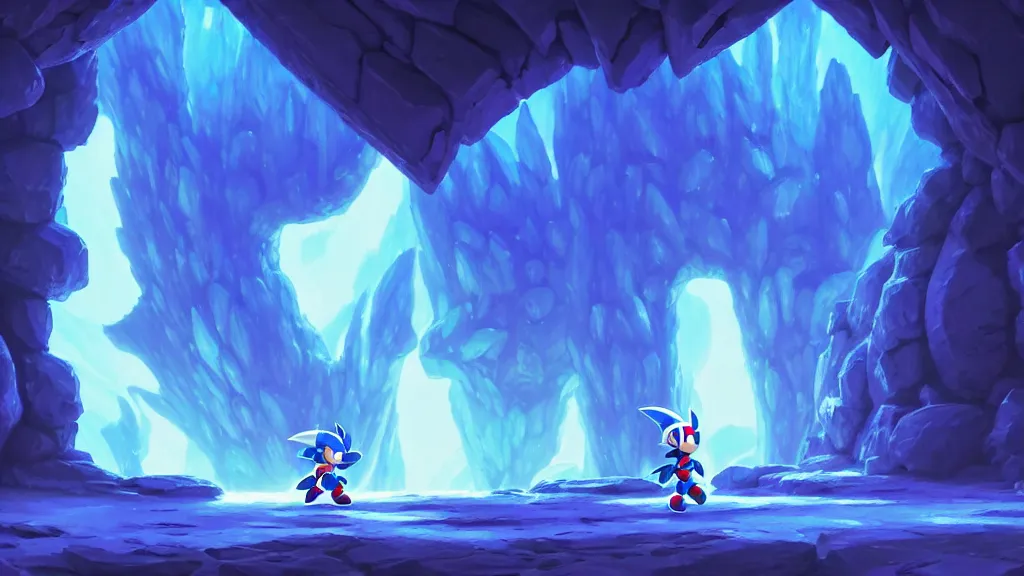 Image similar to megaman zero stage 1 the ice cave, studio ghibli, pixar and disney animation, sharp, rendered in unreal engine 5, highly detailed, digital painting, artstation, hollow knight, smooth, sharp focus, illustration, wide angle, wallpaper, splash art, promo art, dramatic lighting, art by artgerm and greg rutkowski and bo chen and jin xiaodi