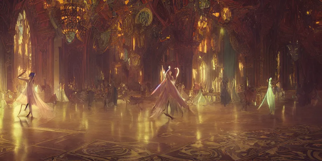 Image similar to beautiful render of a ballroom, concept art, some dancers, at night, medieval!!, bright, artstation, detailled, manga!, fantasy! by greg rutkowski, by alphonse mucha