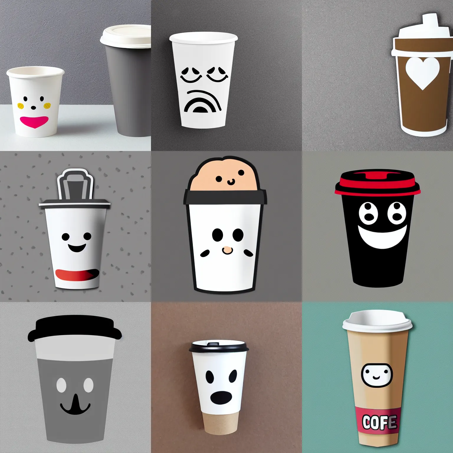 Prompt: cartoon paper coffee cup, sad kawaii face, die cut sticker with a white border, gray background