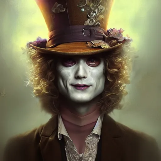 Prompt: The Madhatter, digital painting, lots of details, extremely detailed, 4k, intricate, brush strokes, Artgerm, Bastien Lecouffe-Deharme, Chiho Aoshima