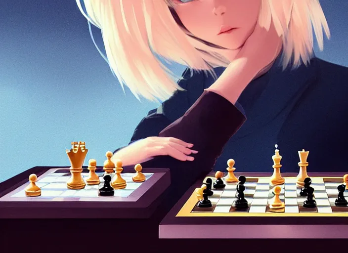 Prompt: a pale ilya kuvshinov playing chess, with golden eyes, straight sky blue hair, long bangs, black jacket, high collar, concept art, award winning photography, digital painting, cinematic, by wlop, anime key visual, wlop, 8 k, by ross tran, tom bagshaw, andy warhol