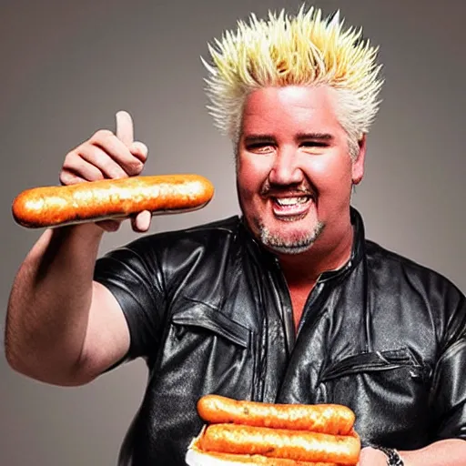 Prompt: guy fieri, studio lighting, the king of flavortown holds an infinite hot dog
