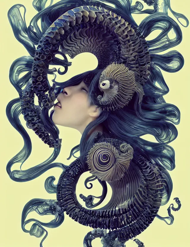 Image similar to 3 d goddess nautilus half - turn portrait with long hair with ram skull. beautiful intricately detailed japanese crow kitsune mask and clasical japanese kimono. betta fish, jellyfish phoenix, bio luminescent, plasma, ice, water, wind, creature, artwork by tooth wu and wlop and beeple and greg rutkowski