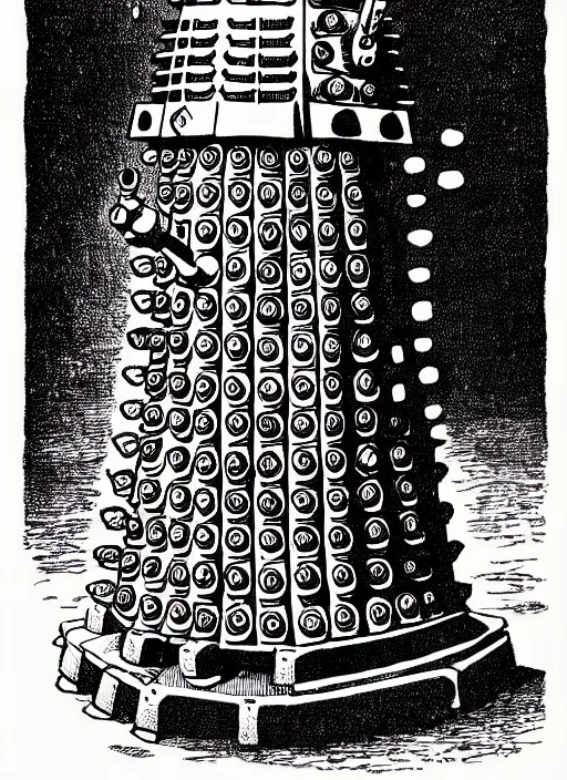 Image similar to a dalek as a d & d monster, pen - and - ink illustration, etching, by russ nicholson, david a trampier, larry elmore, 1 9 8 1, hq scan, intricate details, high contrast, no background