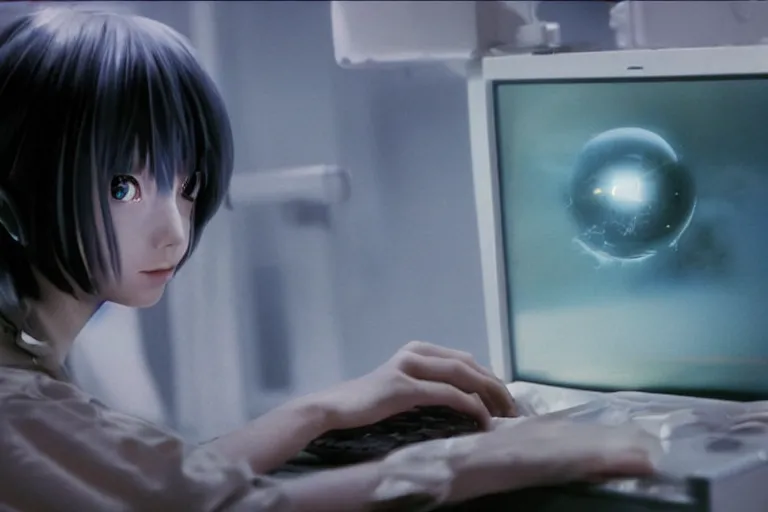 Image similar to anime alien using a computer to check her email submerged in translucent goo, over the shoulder perspective, in 1 9 8 5, y 2 k cybercore, industrial low - light photography, still from a kiyoshi kurosawa movie