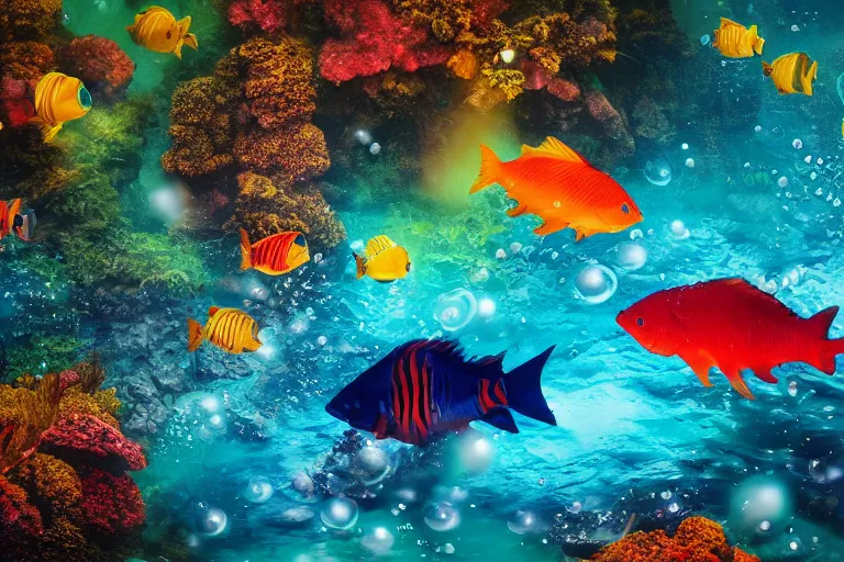 Image similar to ultra realistic underwater photography, panoramic picture of a river with ( subject : a very big exotic brightly coloured fish ). lots of bubbles. wavy, scattered light entering from the water surface, artstation, 8 k