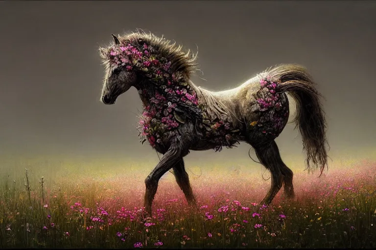 Image similar to a stunning digital painting of a horse made of instricately engraved gnarled wood with a mane of bioluminescent flowers running through a field of flowers by greg rutkowski, flowercore, volumetric light, digital art, fine detail, photorealistic