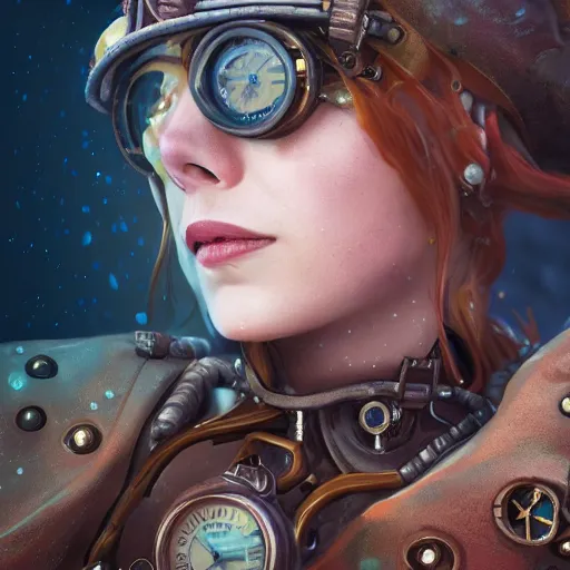 Image similar to underwater steampunk portrait of emma stone, hyper detailed, digital art, trending in artstation, cinematic lighting, studio quality, smooth render, unreal engine 5 rendered, octane rendered, art style by klimt and nixeu and ian sprigger and wlop and krenz cushart.