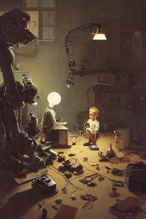 Prompt: a boy fixing his robot, part by Norman Rockwell, part by Greg Rutkowski , part by Mattias Adolfsson, high angle, ((((volumetric lighting)))), oil on canvas
