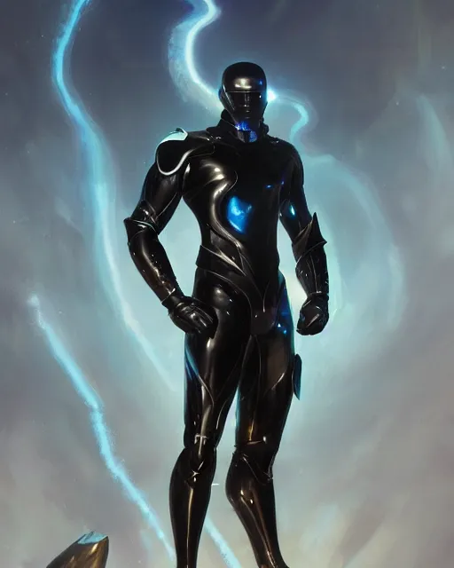 Image similar to iridescent wiry muscular male smooth sleek glossy black pearlescent scifi armor, by greg rutkowski and mark brookes and jim burns and tom bagshaw and magali villeneuve, trending on artstation