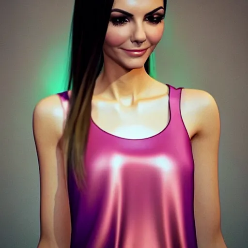 Image similar to photorealistic 3D render of Victoria Justice dressed in a silk tank-top while she thinks a memory she thought she had but the memory was from the mind of the King of razor blades, Pinterest filter, complex detail added after taking the film still at 16K resolution, amazingly epic visuals, epically luminous image, amazing lighting effect, image looks gorgeously crisp as far as it's visual fidelity goes, absolutely outstanding image, perfect film clarity, amazing film quality, iridescent image lighting, mega-beautiful pencil shadowing, 16k upscaled image, soft image shading, crisp image texture, intensely beautiful image, large format picture, it's a great portrait of the highest quality, great Pinterest photo, Vogue portrait is masterfully lit, intricate, elegant, highly detailed, smooth, sharp focus, award-winning, masterpiece, in the style of Tom Bagshaw, Cedric Peyravernay, Peter Mohrbacher