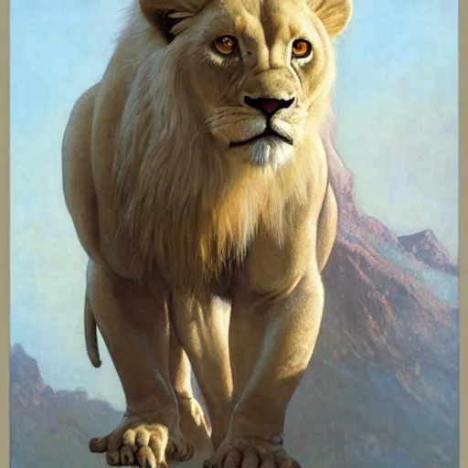 Image similar to hyper realistic albino male furry anthro lion, magical, painted by james gurney, norman rockwell, tom bagshaw, mucha, gaston bussiere, craig mullins, j. c. leyendecker 8 k