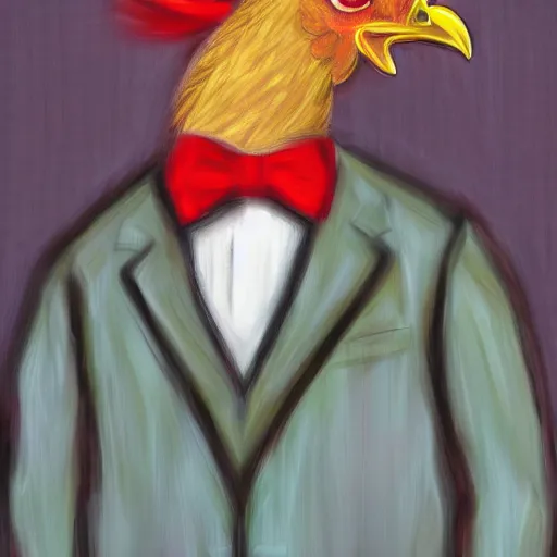 Prompt: a high quality photo of a chicken wearing a suit impressionism, 8 k