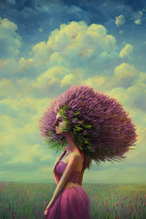 Prompt: closeup, huge flowers as head mohawk, woman in heather field, surreal photography, starlight, storm clouds, impressionist painting, digital painting, artstation, simon stalenhag