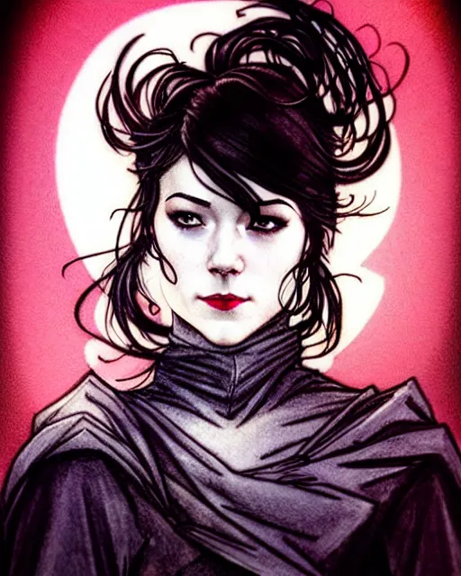 Prompt: style of arthur rackham, artgerm, steve niles : : gorgeous mary elizabeth winstead : : evil sorceress, swirling black magic, black dress : : symmetrical face, symmetrical eyes : : full body pose : : gorgeous red hair : : cinematic lighting : :