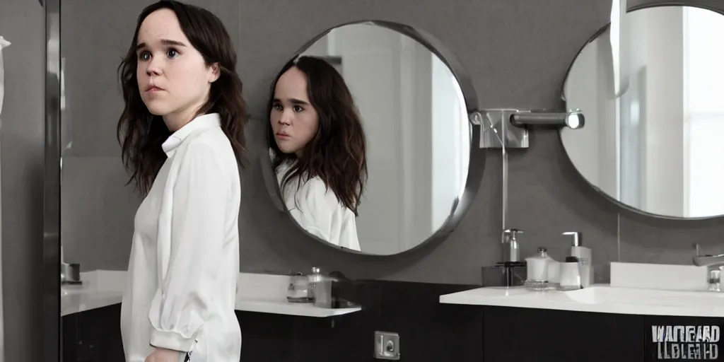 Image similar to ultra wide angle photo of ellen page dressed in a white blouse and black dress pants looks at herself in a bathroom mirror and sees her reflection as a male version of her self