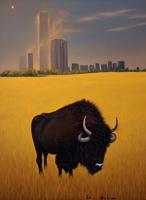 Prompt: an oil painting of a lone American bison standing in a wheat field watching a banking skyscraper burn, nighttime