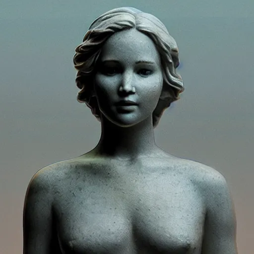 Prompt: a marble statue of Jennifer Lawrence as a heroine, in a museum, by beeple