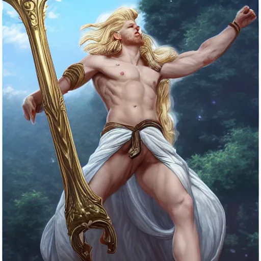 Image similar to Apollo the pale blond Greek God league of legends on his day off, long fluffy curly blond hair with Center parted curtain bangs, highly detailed, digital painting, artstation, concept art, golden ratio composition, smooth, sharp focus, illustration, ArtStation, art by artgerm and greg rutkowski and alphonse mucha and Edmund Blair Leighton and Charlie Bowater