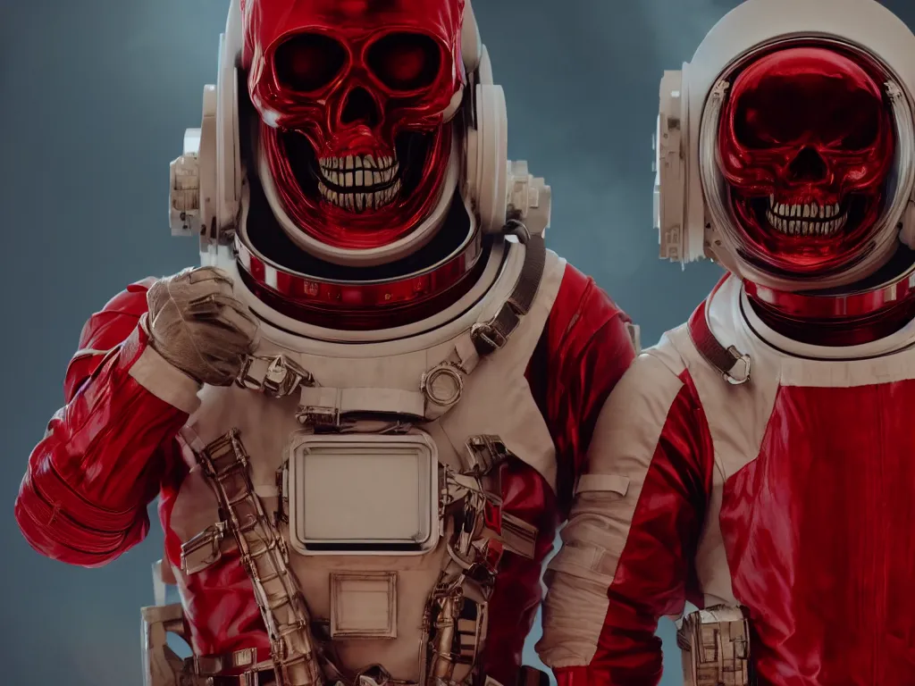 Image similar to ornate red skull in astronaut suit, gold linens, cinematic lighting, dramatic, octane render, long lens, shallow depth of field, bokeh, anamorphic lens flare, 8k, hyper detailed, 35mm film grain