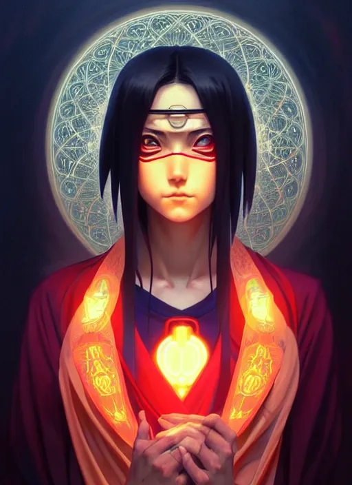 Image similar to symmetry!! itachi, glowing lights!! intricate, elegant, highly detailed, digital painting, artstation, concept art, smooth, sharp focus, illustration, art by artgerm and greg rutkowski and alphonse mucha