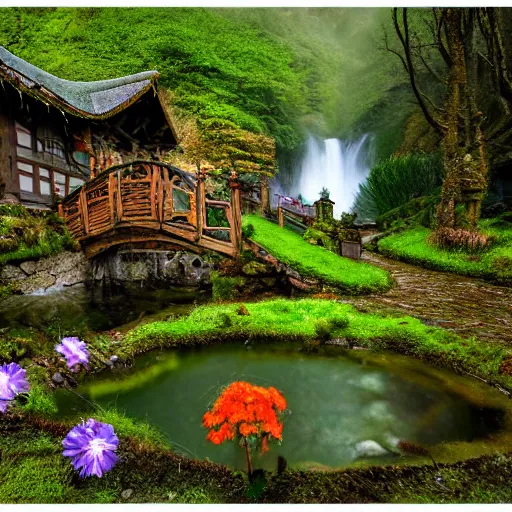 Image similar to spring festival at medieval hobbit village, ornate, beautiful, atmosphere, vibe, mist, smoke, fire, chimney, rain, wet, pristine, puddles, waterfall, melting, dripping, snow, creek, moss, ice, bridge, lightning, cobble, rainforest, roses, flowers, color page, 4 k, contest winner