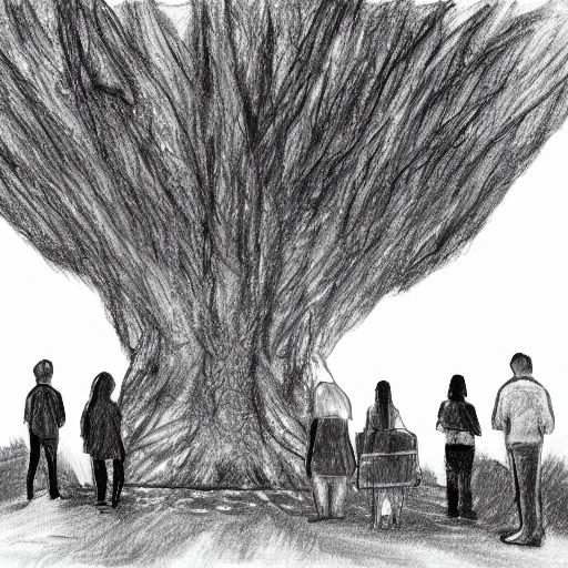 Image similar to a group of people in a park staring up at a gigantic tree, pencil sketch, black and white