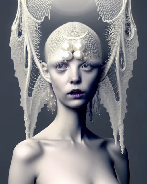 Prompt: dreamy foggy soft luminous bw 3 d octane render, beautiful spiritual angelic biomechanical mandelbrot fractal albino girl cyborg with a porcelain profile face, very long neck, halo, white smoke, rim light, big leaves and stems, fine foliage lace, alexander mcqueen, art nouveau fashion pearl embroidered collar, steampunk, silver filigree details, hexagonal mesh wire, elegant