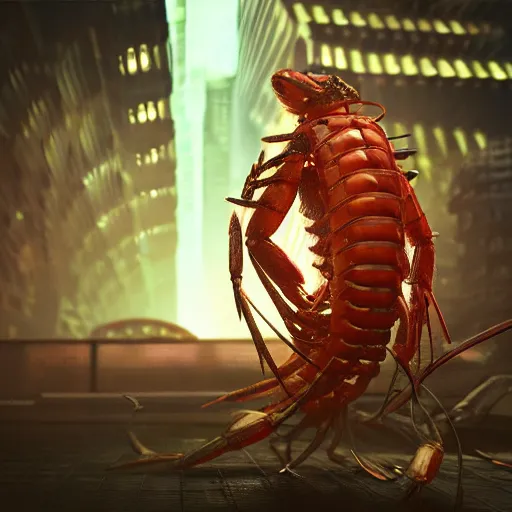 Prompt: a cyberpunk shrimp god villain, studio, studio background, sharp focus, dynamic lights, still, photograph, hyper realistic, masterpiece, digital, octane render, rendered, 3 d, blender, 3 d software, cinematic, cinematic lighting, dramatic lighting, dramatic