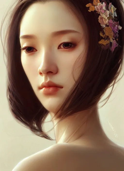 Prompt: the portrait of an absurdly beautiful, graceful, elegant, sophisticated, tall, corean woman 2 1 years old, simmetric face, russian, highly detailed, artstation, smooth, hard focus, illustration, art by artgerm and greg rutkowski and alphonse mucha