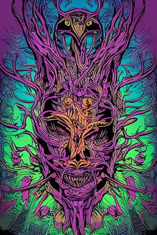 Image similar to animal mask totem roots flower tribal feather gemstone plant wood rock shaman vodoo video game vector cutout illustration vivid multicolor borderlands comics by josan gonzales and dan mumford radiating a glowing aura