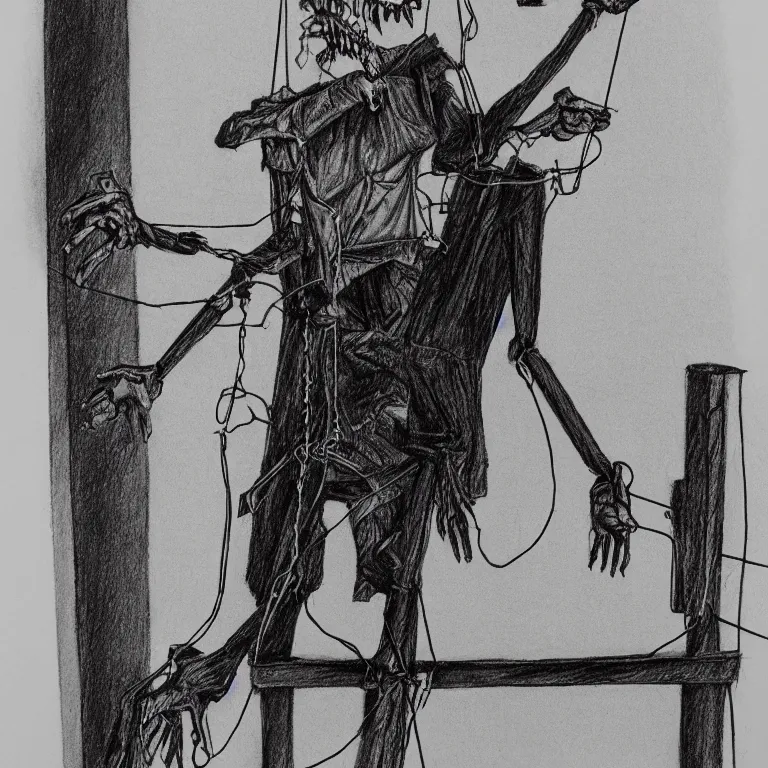 Image similar to a marionette puppet hanging limp with blood running from his eyes, 2 d sketch in pen, highly detailed, horror themed, stark light and shadows