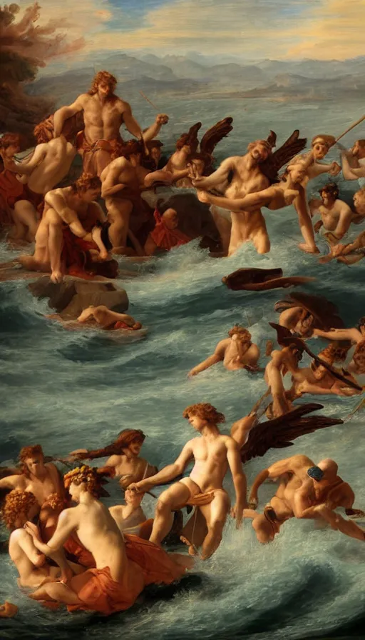 Image similar to man on boat crossing a body of water in hell with creatures in the water, sea of souls, by guillaume seignac