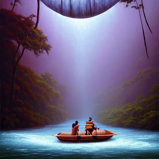 Image similar to masterpiece, darling, amazon jungle, river, rain, by jeffrey smith, rhads, surreal, digital art, highly detailed, artstation, cinematic