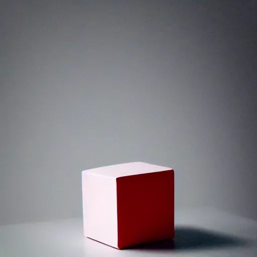 Image similar to a suspicious cube left on a table. soft room lighting, dslr