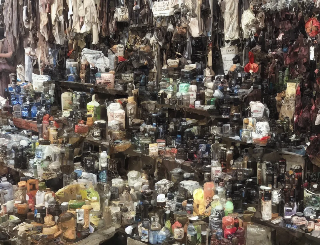 Image similar to market stall in Mordor. An orc selling dark toiletries and body parts
