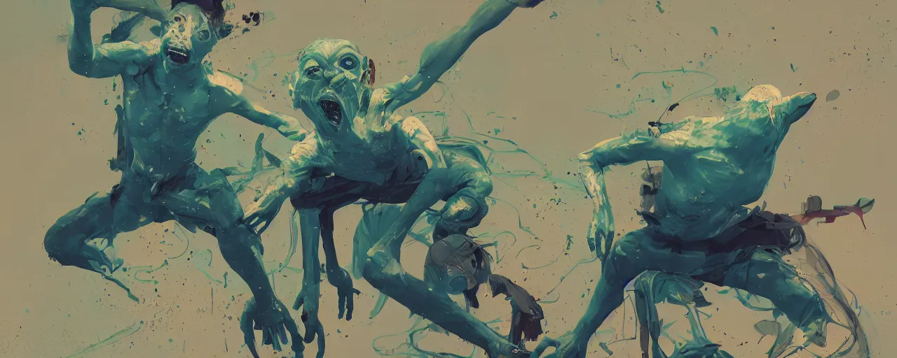 Image similar to duotone green blue illustration 3 / 4 portrait of gollum dancing like crazy. dynamic chaotic composition accidental renaissance golden ratio. by sachin teng and sergey kolesov and ruan jia and heng z. graffiti art, scifi, fantasy, hyper detailed. octane render. concept art. trending on artstation