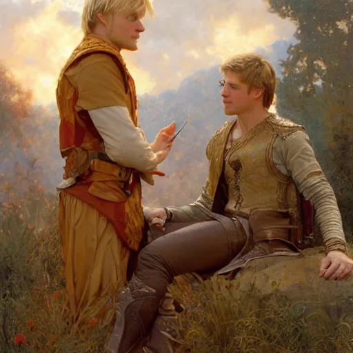 Image similar to attractive arthur pendragon confesses his love to attractive male merlin. highly detailed painting by gaston bussiere, craig mullins, j. c. leyendecker 8 k