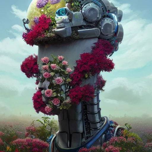 Prompt: highly detailed surreal vfx portrait of a bipedal robot head with flowers growing out of the top, stephen bliss, unreal engine, greg rutkowski, loish, rhads, beeple, makoto shinkai and lois van baarle, ilya kuvshinov, rossdraws, tom bagshaw, global illumination, detailed and intricate environment