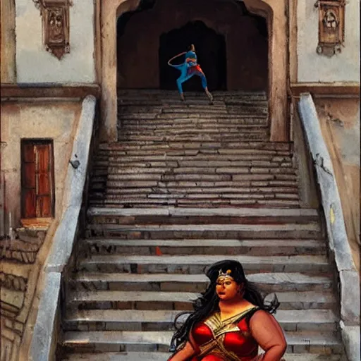 Image similar to a portrait obese indian woman dressed as wonder woman on steps in Porto, detailed, art station, greg rutkowski