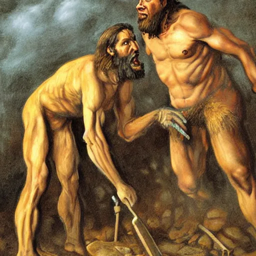 Prompt: historical picture war between homo sapien and neanderthal, artstaton, stable art detailed,