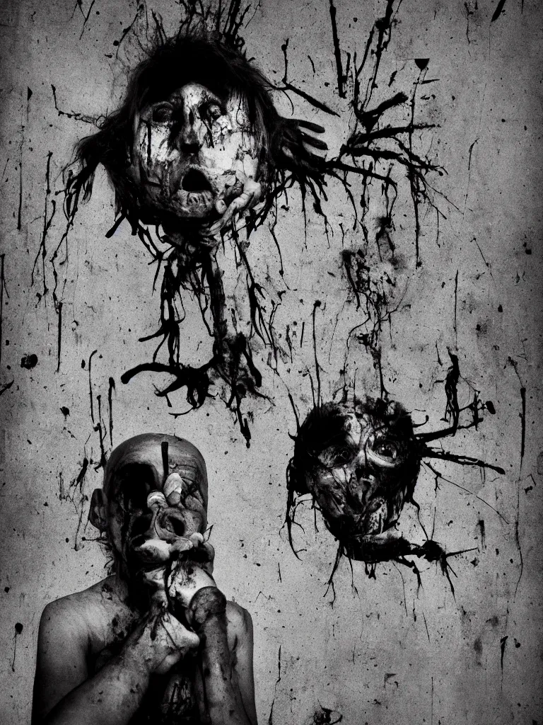 Image similar to horror movie poster in the style of roger ballen, 4 k, bw, portrait, one - sheet size