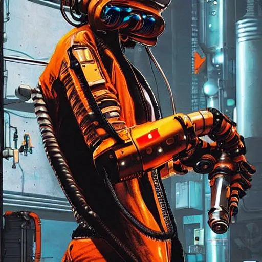 Image similar to mechanic wearing cyberpunk 2 0 7 7 industrial mechanical arms. orange and black color scheme. concept art by james gurney and mœbius.