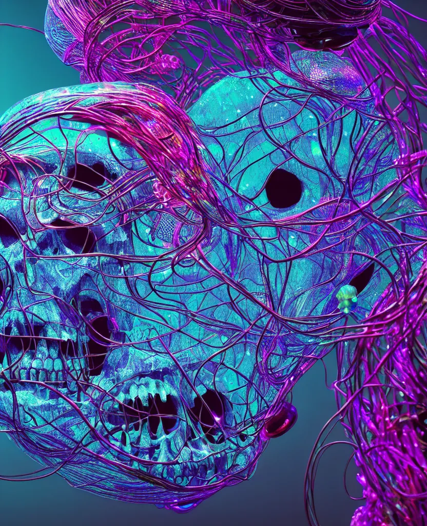 Image similar to close-up portrait of skull dichroic wires and cables jellyfish skull, betta fish, bioluminiscent creatures, intricate artwork by Tooth Wu and wlop and beeple. octane render, trending on artstation, greg rutkowski very coherent symmetrical artwork. cinematic, hyper realism, high detail, octane render, 8k