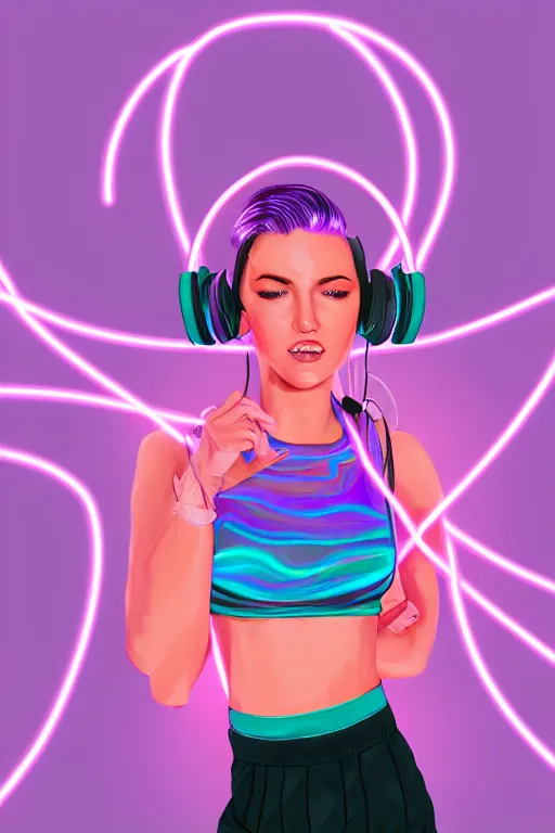 Image similar to a award winning half body portrait of a beautiful woman with stunning eyes in a croptop and cargo pants with ombre purple pink teal hairstyle dancing while listening to music with headphones on her ears by thomas danthony, surrounded by whirling illuminated lines, outrun, vaporware, shaded flat illustration, digital art, trending on artstation, highly detailed, fine detail, intricate