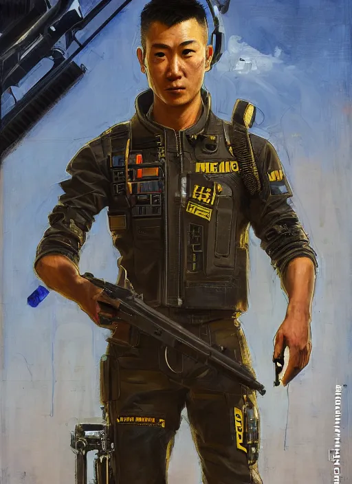 Image similar to hiro tanaka. Handsome cyberpunk USN marine wearing a military vest and a black and yellow tactical jumpsuit (cyberpunk 2077, bladerunner 2049). Handsome face. Iranian orientalist portrait by john william waterhouse and Edwin Longsden Long and Theodore Ralli and Nasreddine Dinet, oil on canvas. Cinematic, hyper realism, realistic proportions, dramatic lighting, high detail 4k