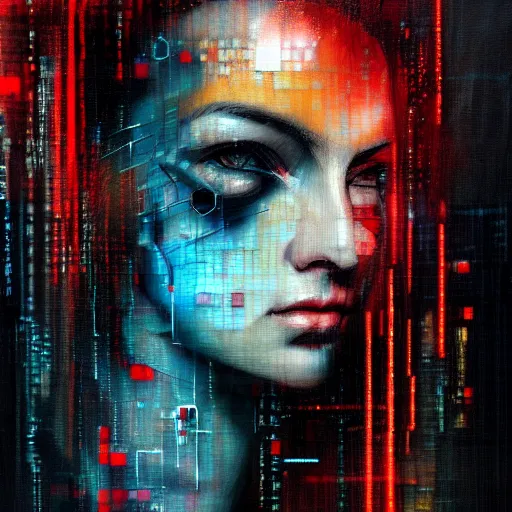 Prompt: hyperrealistic portrait of a mysterious cyberpunk woman, by Guy Denning, Johannes Itten, Russ Mills, glitch art, hacking effects, glitch effects, digital tech effects, cybernetics, detailed lings, chromatic, color blocking!, oil on canvas, octane, concept art, abstract, red color scheme, 8k, trending on artstation