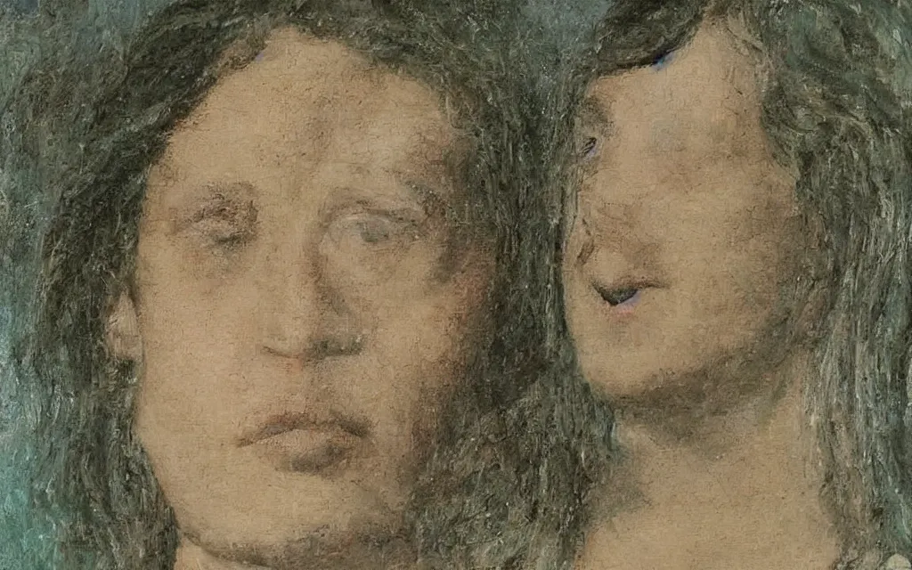 Prompt: bill gates with long hair, portrait like the monalisa by leonardo da vinci, oil painting, dramatic, slight smile